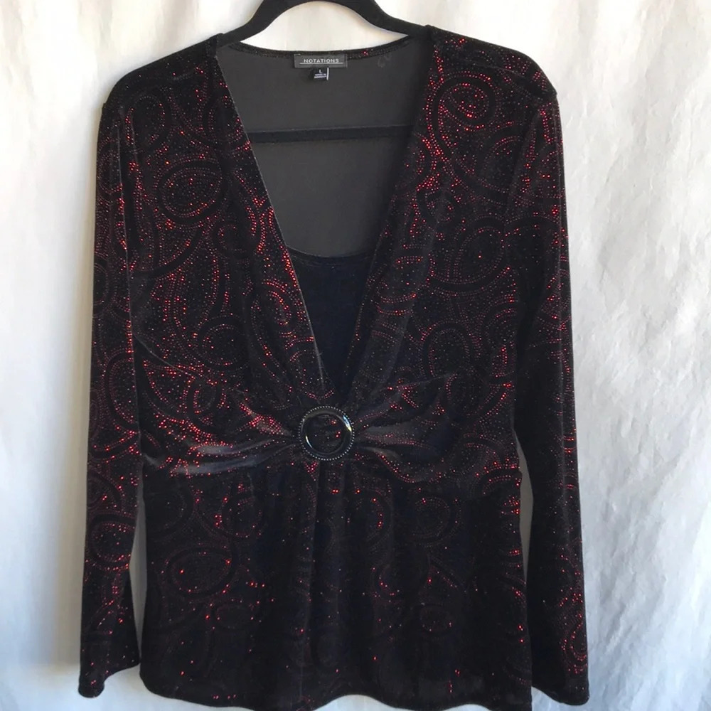 Notations black velvety holiday top with red bling, size L